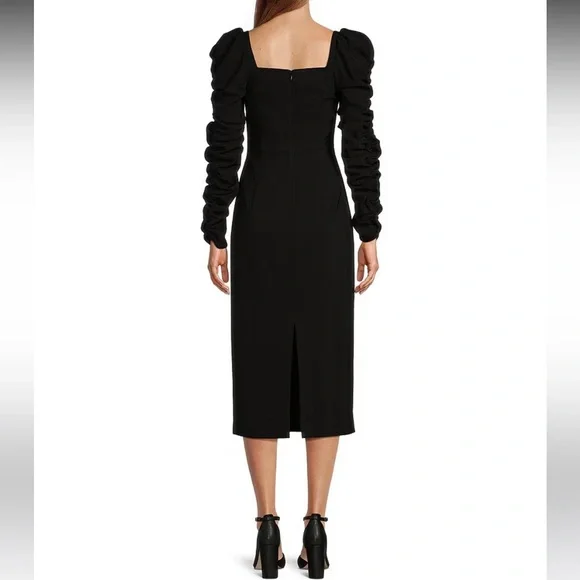 🆕 Antonio Melani  Crepe Square Neck Long Ruched Sleeve Pearl Bow Midi Dress. - Picture 2 of 3